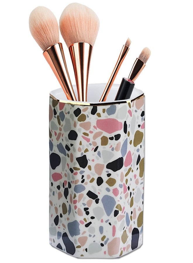 LEAZUL Pen Holder, Makeup Brush Holder Ceramic Shiny Gold Terrazzo Marble Stone Pattern Pencil Cup for Girls Kids Women Durable Stand Desk Organizer Storage Gift for Office, Classroom, Home Pink - Image 3