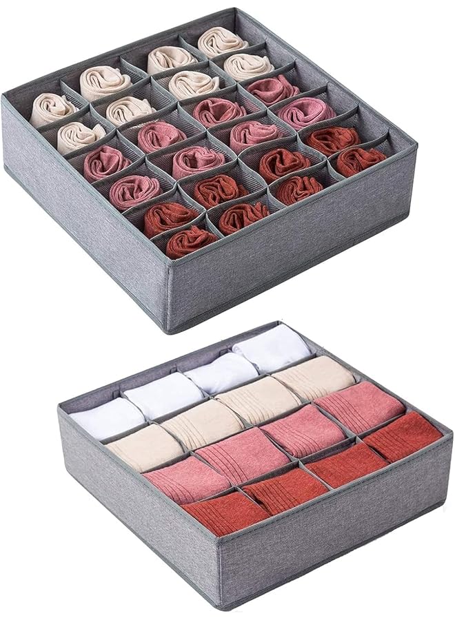 Green Tiger 2 Pack Drawer Organisers 16 Cells or 24 Cells Sock Organiser Foldable Underwear Drawer Organiser Fabric Drawer Divider Wardrobe Storage Boxes for Socks, Belts, Ties - Image 1