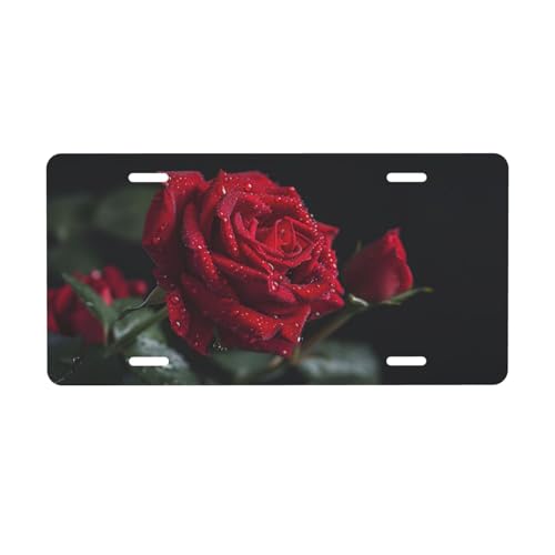 cfpolar Vivid Fresh Red Roses License Plate Decorative Car Front License Plate Aluminum Novelty License Plates Vanity Tag Metal Car Plate for Women Men 6 X 12 Inch - Image 1