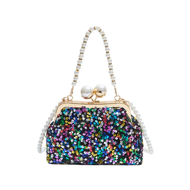 Sequin Pearl Chain Bag 2025 Spring New Portable Shell Bag Fashion Beaded Underarm Retro Dinner Bag - Image 1