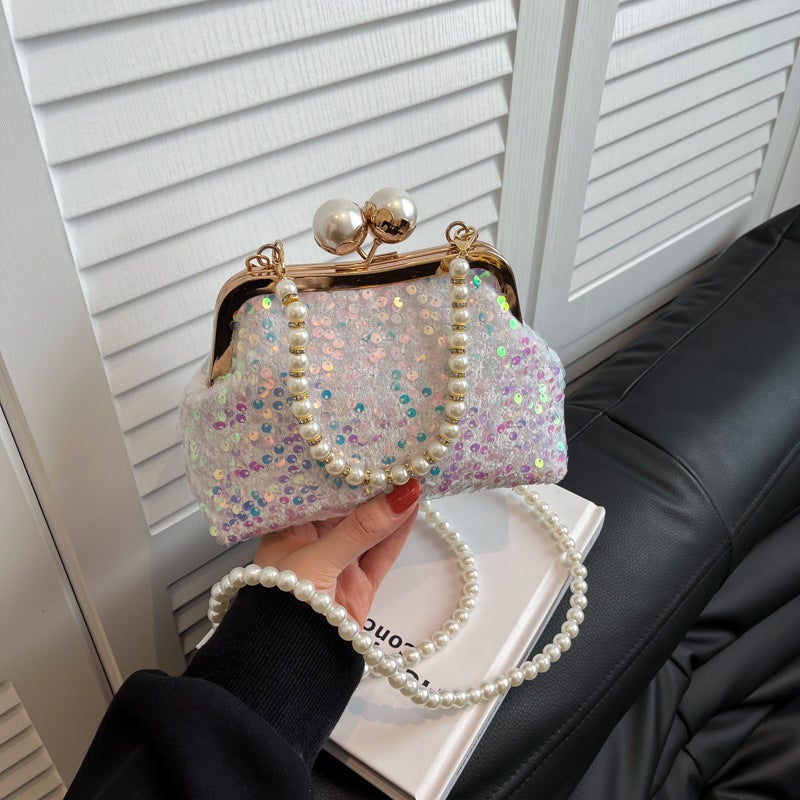Sequin Pearl Chain Bag 2025 Spring New Portable Shell Bag Fashion Beaded Underarm Retro Dinner Bag - Image 4