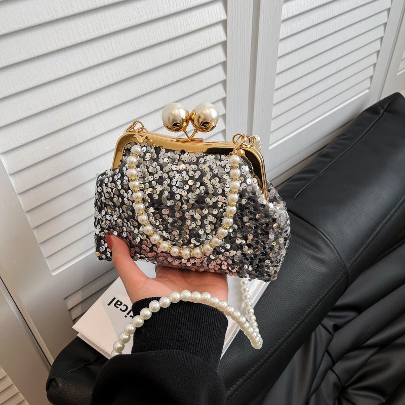Sequin Pearl Chain Bag 2025 Spring New Portable Shell Bag Fashion Beaded Underarm Retro Dinner Bag - Image 5