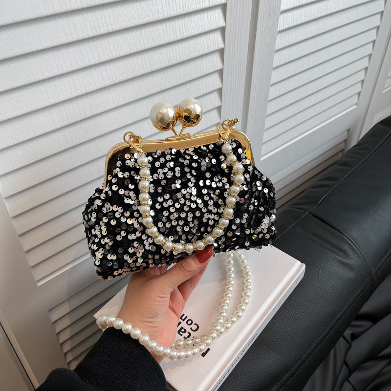 Sequin Pearl Chain Bag 2025 Spring New Portable Shell Bag Fashion Beaded Underarm Retro Dinner Bag - Image 3