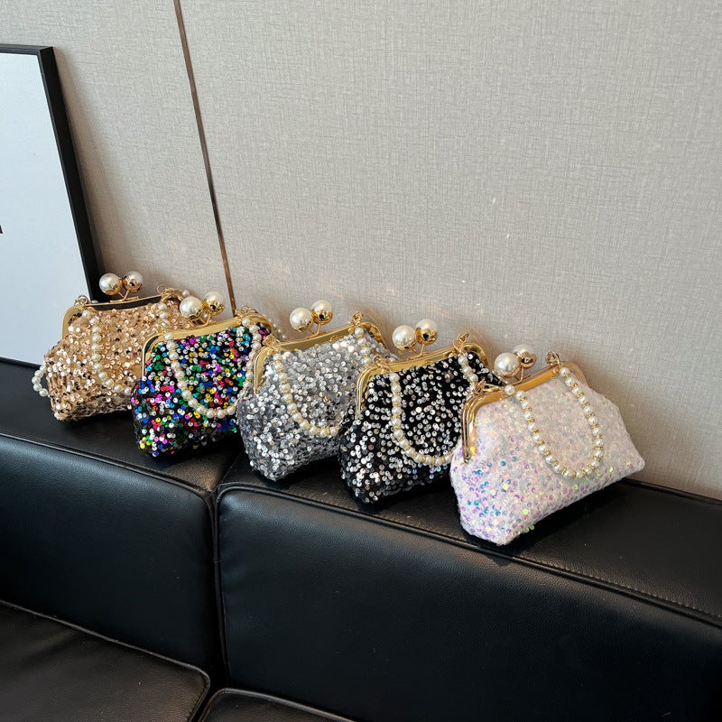 Sequin Pearl Chain Bag 2025 Spring New Portable Shell Bag Fashion Beaded Underarm Retro Dinner Bag - Image 2