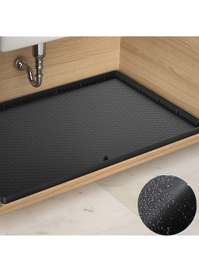 Arabest Sink Mat  Waterproof Kitchen Cabinet Tray Flexible Silicone Under Sink Liner With Drain Hole  Kitchen Bathroom Cabinet Mat And Protector For Drips Leaks Spills56*86*1.7Cm (Black)  - Image 1