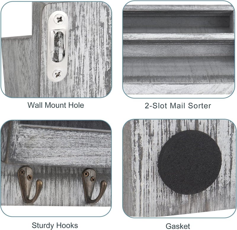 BTY Mail Sorter Wall Mounted, Wooden Mail Holder with 4 Key Hooks, 2 Slot Letter Bills Newspaper Magazine Organizer for Entryroom Hallway Office Garage, Gray White - Image 3