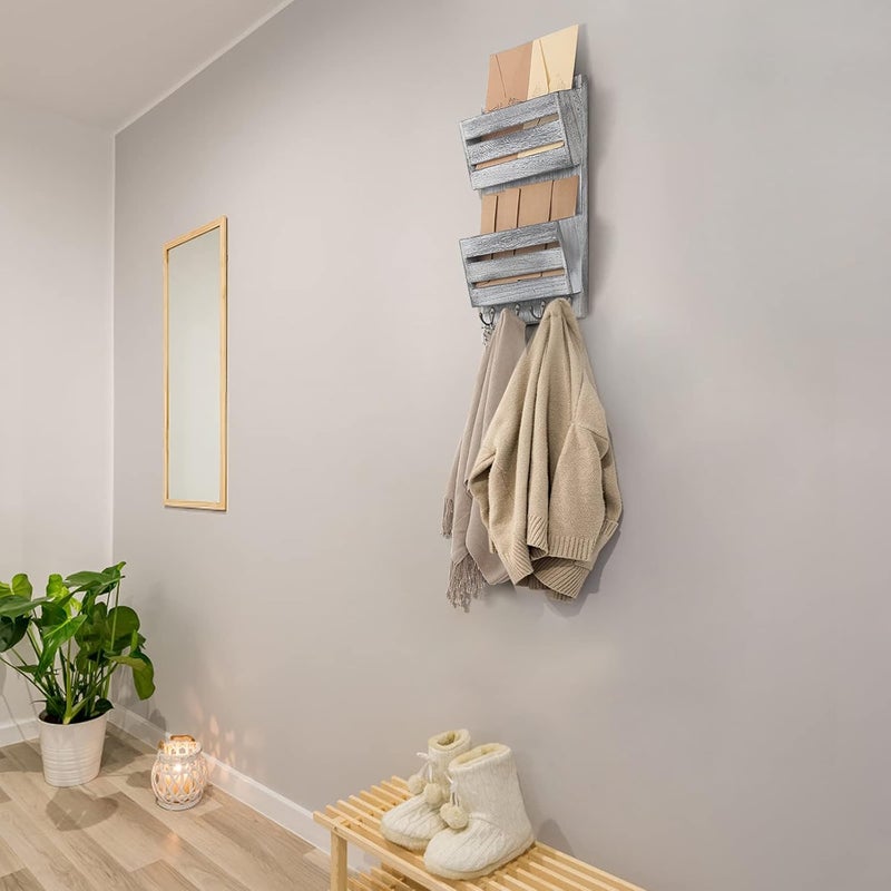 BTY Mail Sorter Wall Mounted, Wooden Mail Holder with 4 Key Hooks, 2 Slot Letter Bills Newspaper Magazine Organizer for Entryroom Hallway Office Garage, Gray White - Image 5