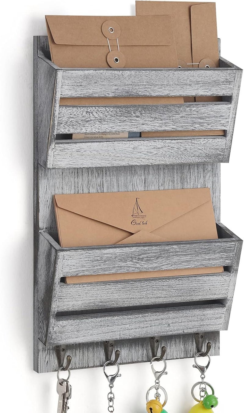 BTY Mail Sorter Wall Mounted, Wooden Mail Holder with 4 Key Hooks, 2 Slot Letter Bills Newspaper Magazine Organizer for Entryroom Hallway Office Garage, Gray White - Image 1