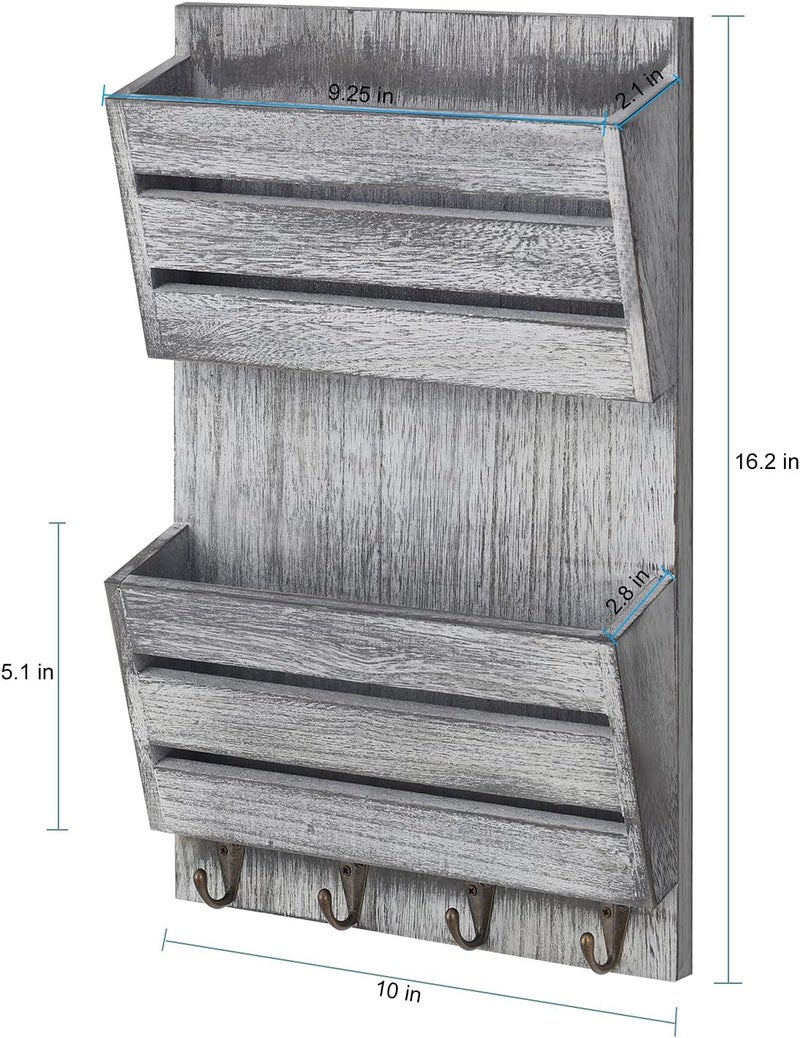 BTY Mail Sorter Wall Mounted, Wooden Mail Holder with 4 Key Hooks, 2 Slot Letter Bills Newspaper Magazine Organizer for Entryroom Hallway Office Garage, Gray White - Image 2