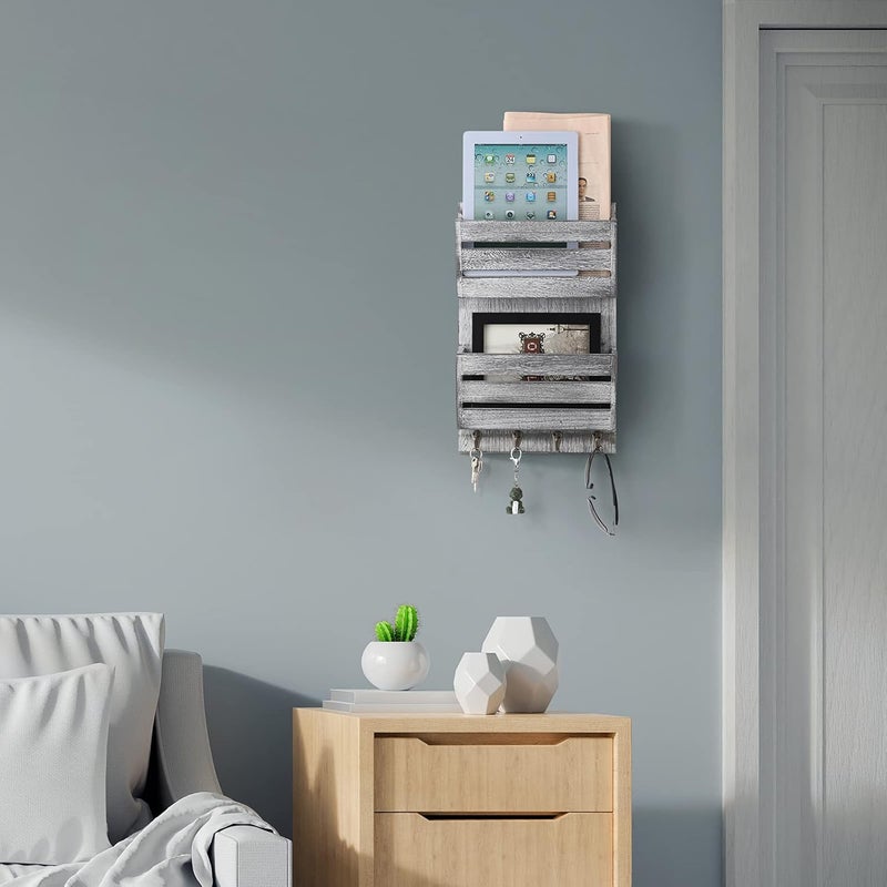 BTY Mail Sorter Wall Mounted, Wooden Mail Holder with 4 Key Hooks, 2 Slot Letter Bills Newspaper Magazine Organizer for Entryroom Hallway Office Garage, Gray White - Image 4
