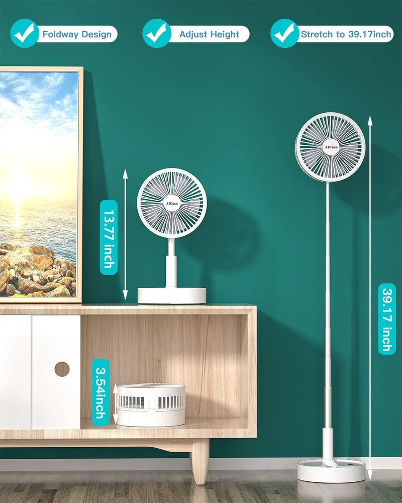 AICase Stand Fan,Folding Portable Telescopic Floor/USB Desk Fan with 10800mAh Rechargeable Battery,4 Speeds Super Quiet Adjustable Height and Head Great for Office Home Outdoor Camping-White - Image 2