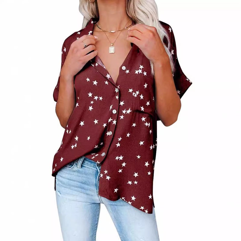 Women's Star Print V-Neck Short Sleeve Blouse - Image 4