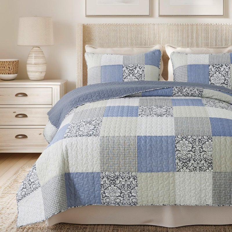 SLPR Sweet Dreams Cotton Quilt Set  Queen Size with 2 Shams Pieced Patchwork Bedding in Blue and Gray Country Style Farmhouse Quilted Bedspread