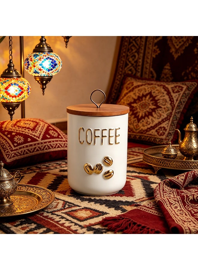 جار تخزين القهوة من السيراميك الأبيض سعة 800 مل بزخارف حبوب القهوة المطبوعة بالذهب، وعاء محكم الغلق بغطاء خيزران وحلقة جلدية للمطبخ - Image 3