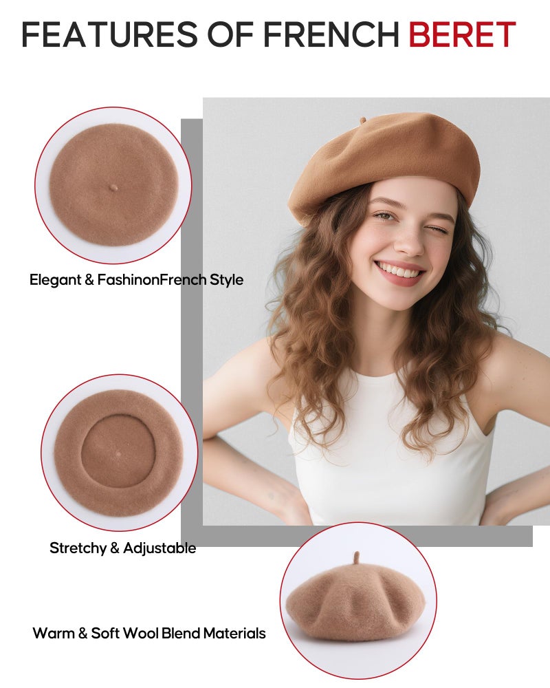 CKYPTFK Beret Hats for Women Holiday Wool French Style-Sky Camel Church Hat-Clueless Outfit & Men's Beret - Image 3