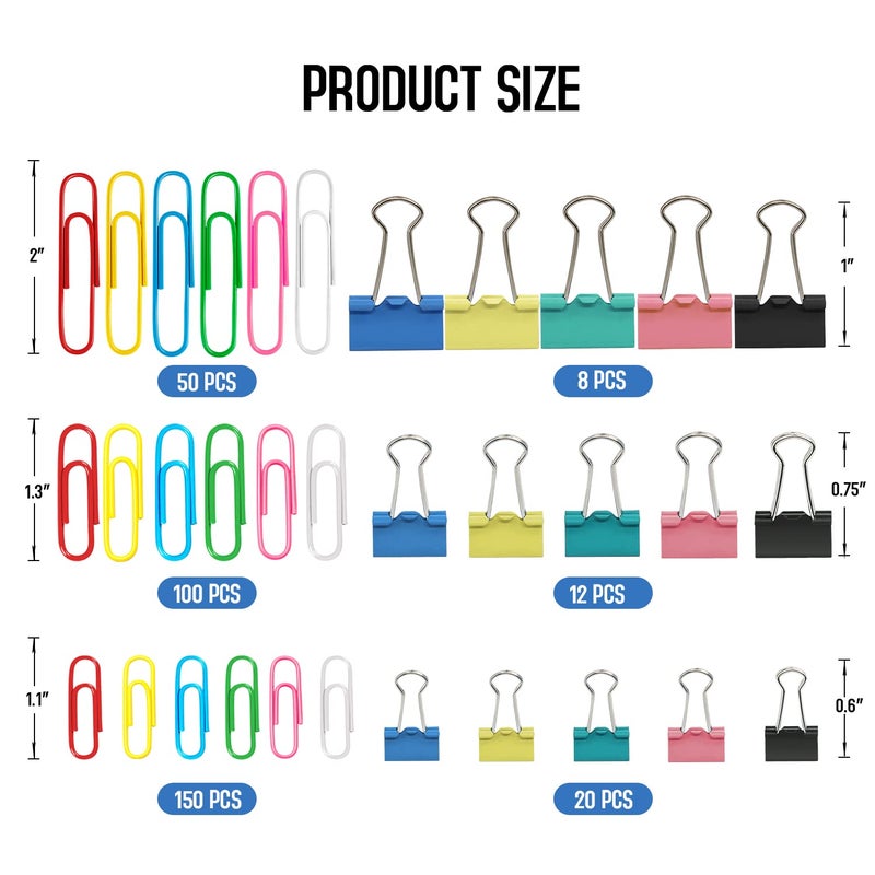 AnutriON Paper Clips Binder Clips, 340PCS Assorted Size Paper Clips and Binder Clips, Colored Paperclips Large Medium Small, Binder Clip and Paper Clip Set for Home School Office Supplies - Image 3