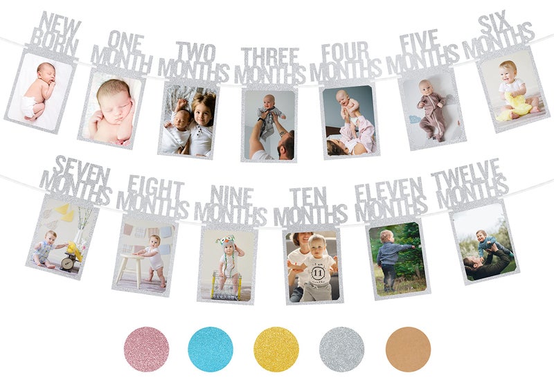 PartyHooman 1st Birthday Photo Banner for Baby from Newborn to 12 Months, First Birthday Decorations Girl Monthly Milestones Garland | First Photo Banner Pre-strung with Frame (Silver) - Image 1