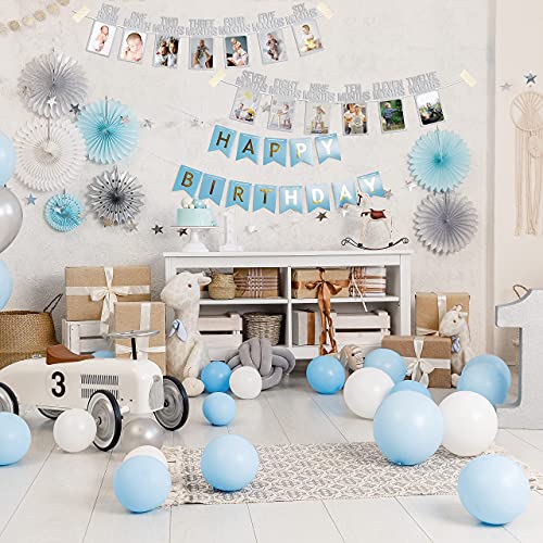 PartyHooman 1st Birthday Photo Banner for Baby from Newborn to 12 Months, First Birthday Decorations Girl Monthly Milestones Garland | First Photo Banner Pre-strung with Frame (Silver) - Image 5