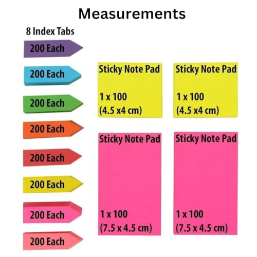 R H lifestyle Sticky Notes Set Memo Pad with 8 Sticky Tabs, Bright Neon Colors Sticky Notes Pad (200 Sheets Each) for Office Stationery School Supplies - Image 3