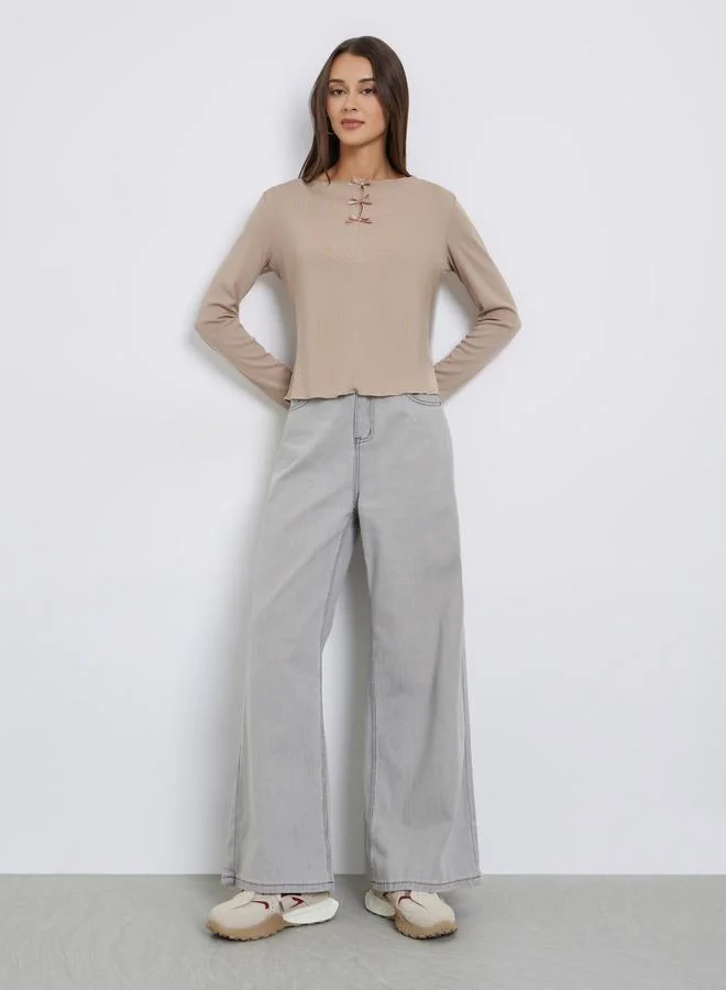 Styli Beige Bow-Detail Long Sleeve T-Shirt