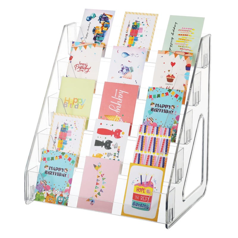 Hlimior 5 Tier Acrylic Card Display StandTall Height Clear Display Shelf Desktop for Trading Cards Sports Cards Greeting Card Stickers Brochures Easy ClipOn Design - Image 2
