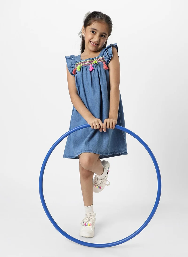 Nautinati  Nautinati Girls Embroidered Taselled Sleeveless Casual Wear Denim Dress for Women | Best Price UAE