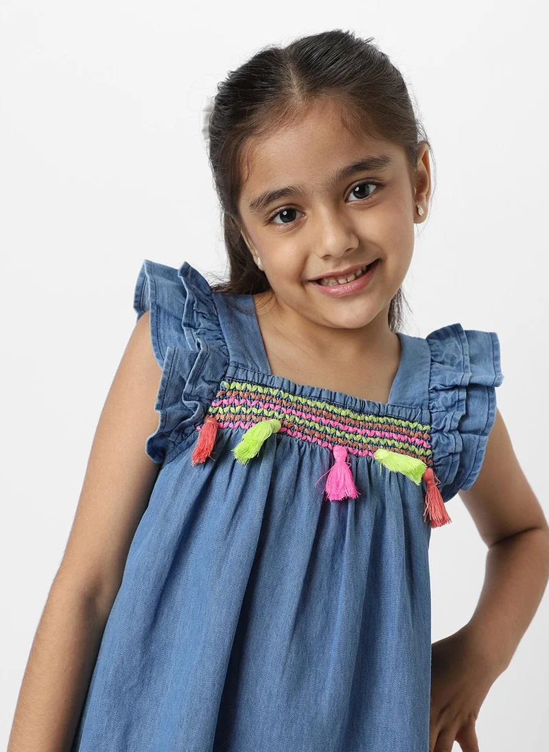 Nautinati  Nautinati Girls Embroidered Taselled Sleeveless Casual Wear Denim Dress for Women | Best Price UAE