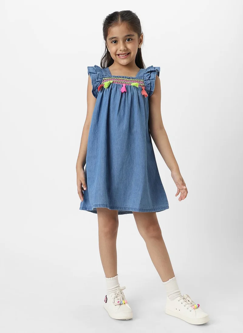 Nautinati Girls Embroidered Taselled Sleeveless Casual Wear Denim Dress