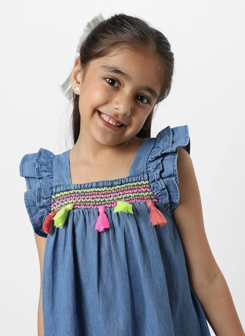 Nautinati  Nautinati Girls Embroidered Taselled Sleeveless Casual Wear Denim Dress for Women | Best Price UAE
