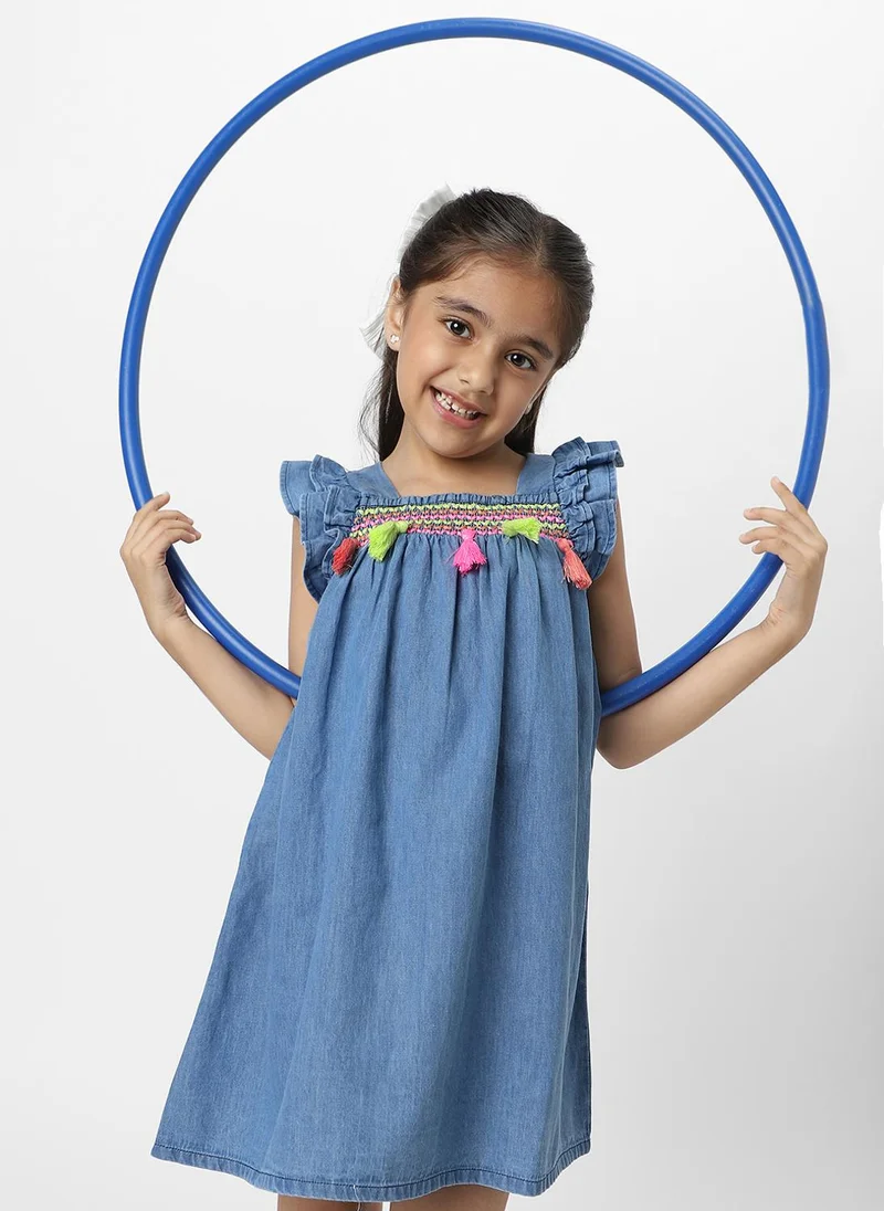 Nautinati  Nautinati Girls Embroidered Taselled Sleeveless Casual Wear Denim Dress for Women | Best Price UAE