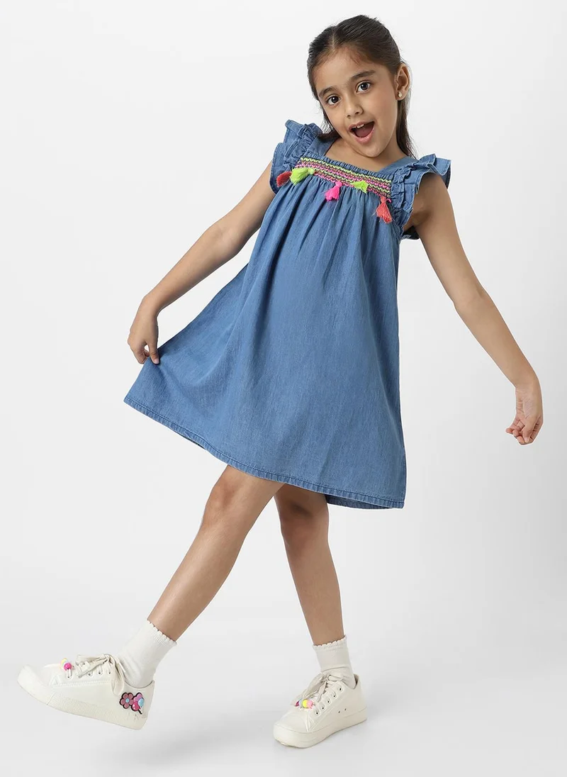 Nautinati  Nautinati Girls Embroidered Taselled Sleeveless Casual Wear Denim Dress for Women | Best Price UAE
