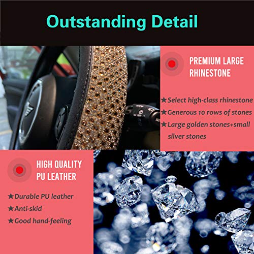 PINCTROT Bling Bling Comfy Steering Wheel Cover with Jumbo Crystal Rhinestones, Anti-Slip Diamond Leather, Universal 15 Inch (Gold) - Image 3