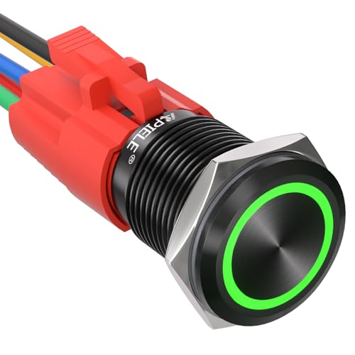 APIELE 16mm Latching Push Button Switch 12V DC On Off Black Shell with LED Angel Eye Head for 0.63" Mounting Hole with Wire Socket Plug Self-Locking (Green/Black Shell) - Image 1