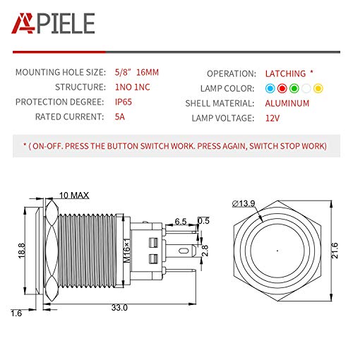 APIELE 16mm Latching Push Button Switch 12V DC On Off Black Shell with LED Angel Eye Head for 0.63" Mounting Hole with Wire Socket Plug Self-Locking (Green/Black Shell) - Image 2