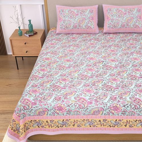 EasyGoods® 100% Pure Cotton Jaipuri Bedsheet with Pillow Covers | Soft & Breathable Fabric | Traditional Floral Print | Cotton Bedsheet (Pink 7, King) - Image 1
