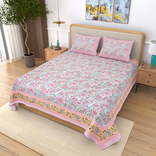 EasyGoods® 100% Pure Cotton Jaipuri Bedsheet with Pillow Covers | Soft & Breathable Fabric | Traditional Floral Print | Cotton Bedsheet (Pink 7, King) - Image 3