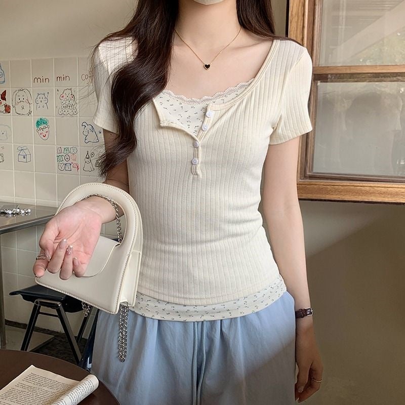 Original Jacquard Fabric Pure Desire Two-Piece Stacked Lace Short-Sleeved T-Shirt Women'S Summer Floral Base Shirt - Image 5