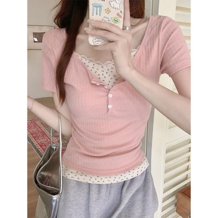 Original Jacquard Fabric Pure Desire Two-Piece Stacked Lace Short-Sleeved T-Shirt Women'S Summer Floral Base Shirt - Image 1