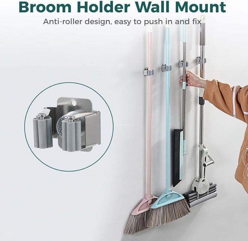Stainless Steel Mop Broom Holder 10 Pack Wall Mounted Hooks With Easy Roller System - Image 4