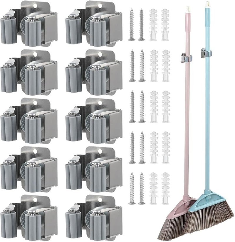 Stainless Steel Mop Broom Holder 10 Pack Wall Mounted Hooks With Easy Roller System - Image 2