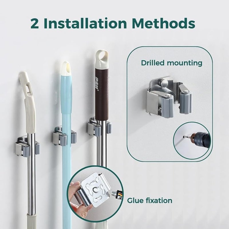 Stainless Steel Mop Broom Holder 10 Pack Wall Mounted Hooks With Easy Roller System - Image 5