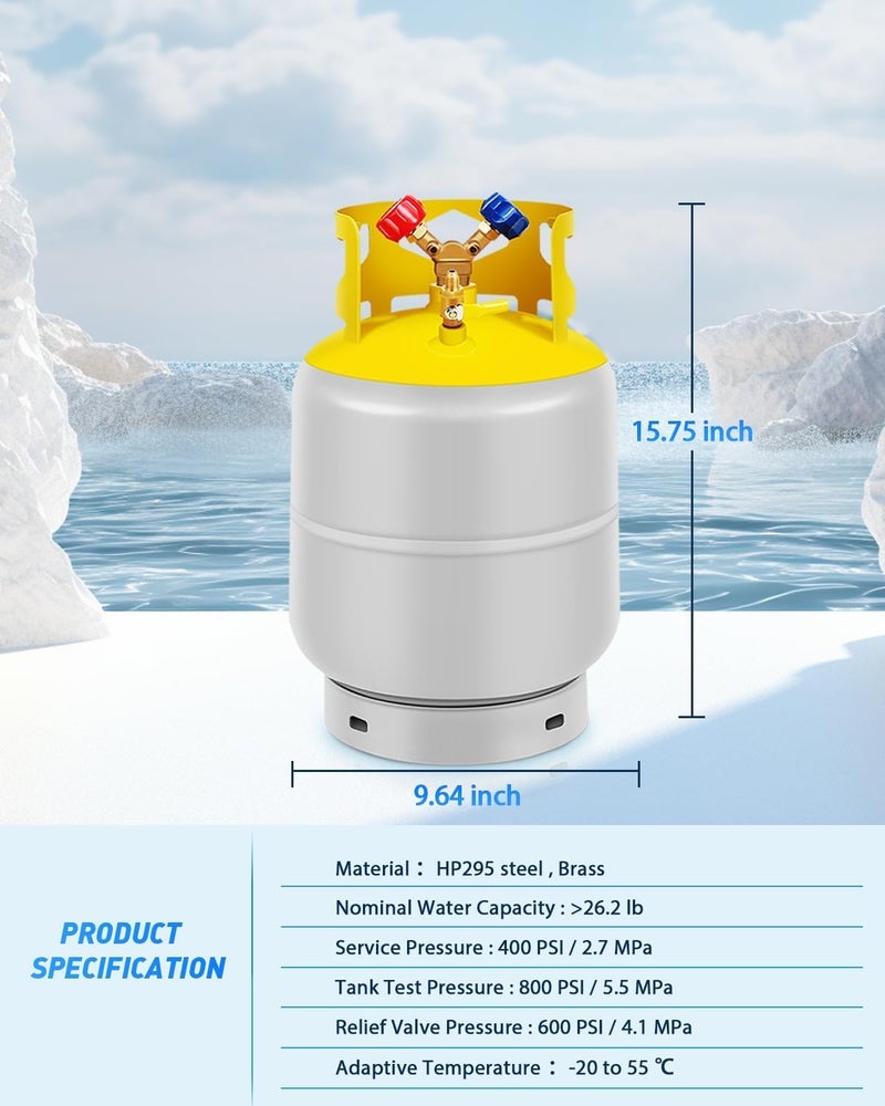 FAHKNS 30 LB Refrigerant Recovery Tank for R12, R22, R134A, R410A Reusable Recovery Cylinder Tank 1/4 SAE Y-Valve Recovery Can Without Float Switch for Tank AC Freon Recovery Tank Cylinder Tank - Image 2