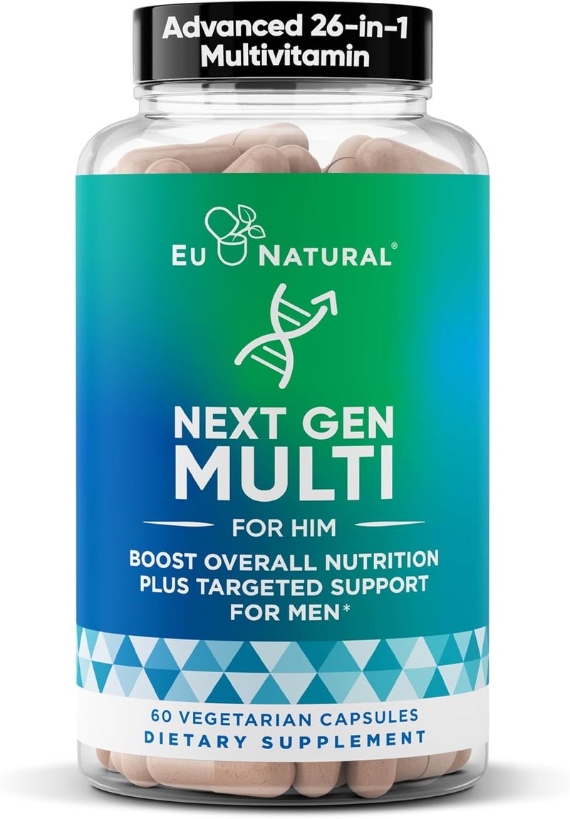 Eu Natural الجيل التالي متعدد الفيتامينات المتقدم للرجال 26 في 1 مزيج متعدد لدعم نمو اللحية والشعر وصحة الرجال الإنجابية والتمثيل الغذائي وصحة القلب والبشرة والبروستاتا والمزيد 60 كبسولة نباتية - Image 1