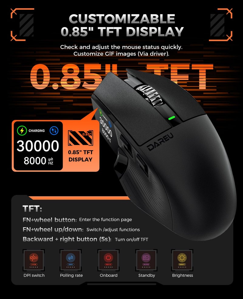 DAREU A980PROMAX Wireless Gaming Mouse-4K/8K Polling-30K DPI Optical Sensor-0.85' TFT Color Display-Magnesium Alloy Buttons-2.4G Wireless/BT/USB Connectivity-Nano Receiver Included - Image 4