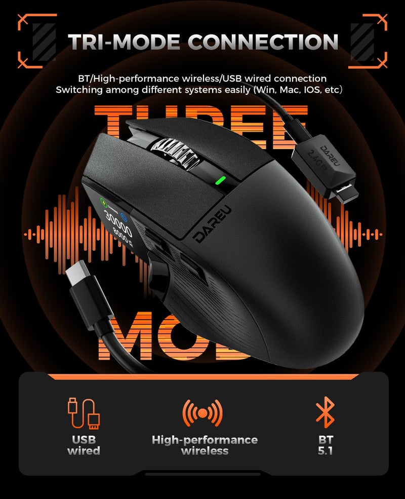 DAREU A980PROMAX Wireless Gaming Mouse-4K/8K Polling-30K DPI Optical Sensor-0.85' TFT Color Display-Magnesium Alloy Buttons-2.4G Wireless/BT/USB Connectivity-Nano Receiver Included - Image 5