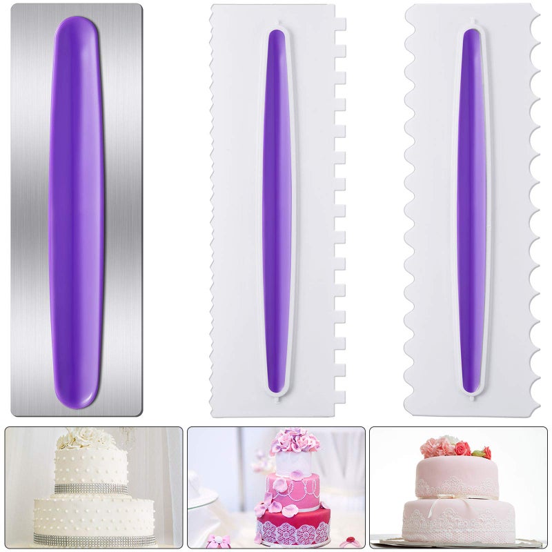 Patelai 3 Pieces Cake Scraper Cake Decorating Comb Set Stainless Steel Icing Smoother Comb Plastic Edge Side Smoother Decorating Tools Cream Scraper for Mousse Butter Cream