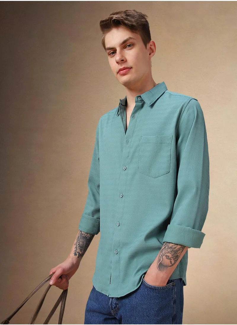 دينيس لينغو Men's Blue Rayon Solid Shirt