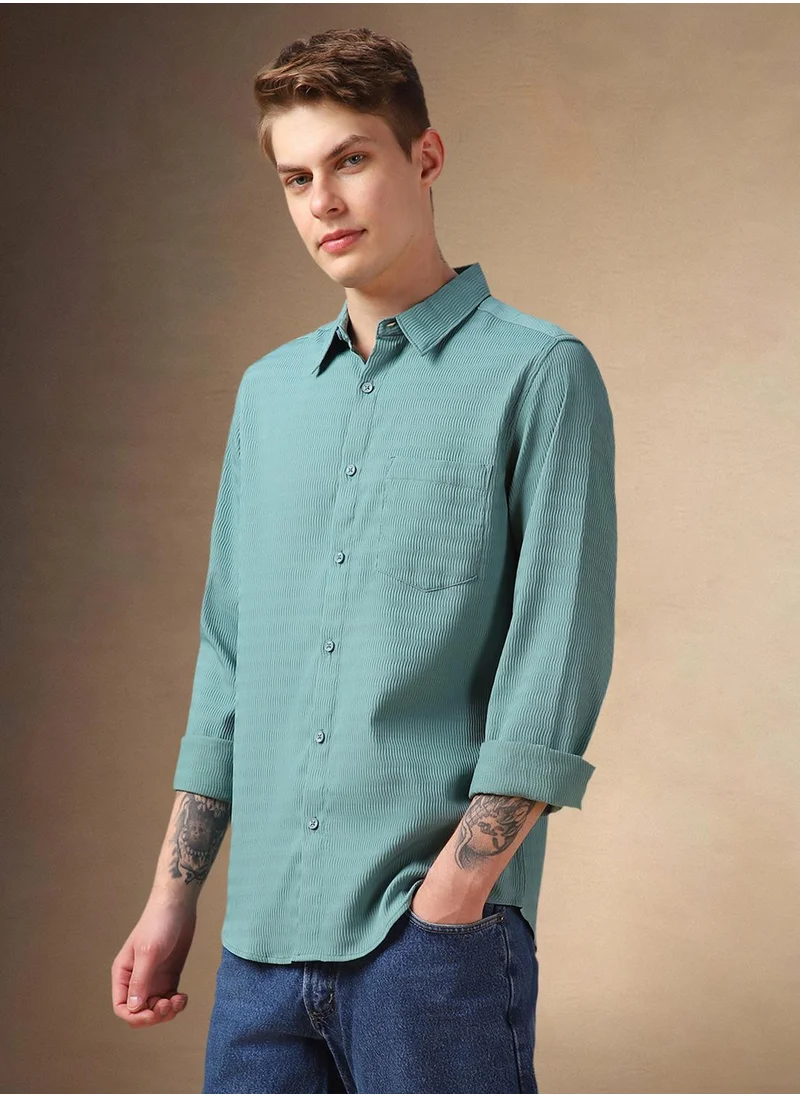دينيس لينغو Men's Blue Rayon Solid Shirt