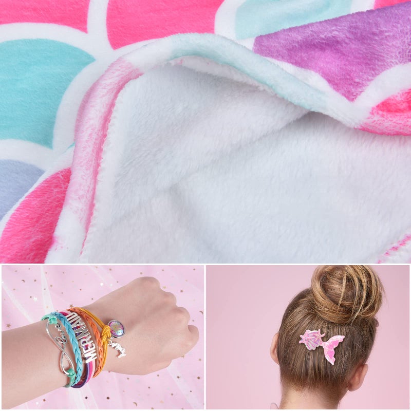 Wernnsai Mermaid Tail Blanket - Wearable Mermaid Soft Blanket with Glitter Stars Sequin Hairpin Bracelet for Girls Teens Pink Soft Flannel Snuggle Blanket 55 x 24 Gift for Birthday Christmas  - Image 3