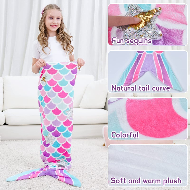 Wernnsai Mermaid Tail Blanket - Wearable Mermaid Soft Blanket with Glitter Stars Sequin Hairpin Bracelet for Girls Teens Pink Soft Flannel Snuggle Blanket 55 x 24 Gift for Birthday Christmas  - Image 5